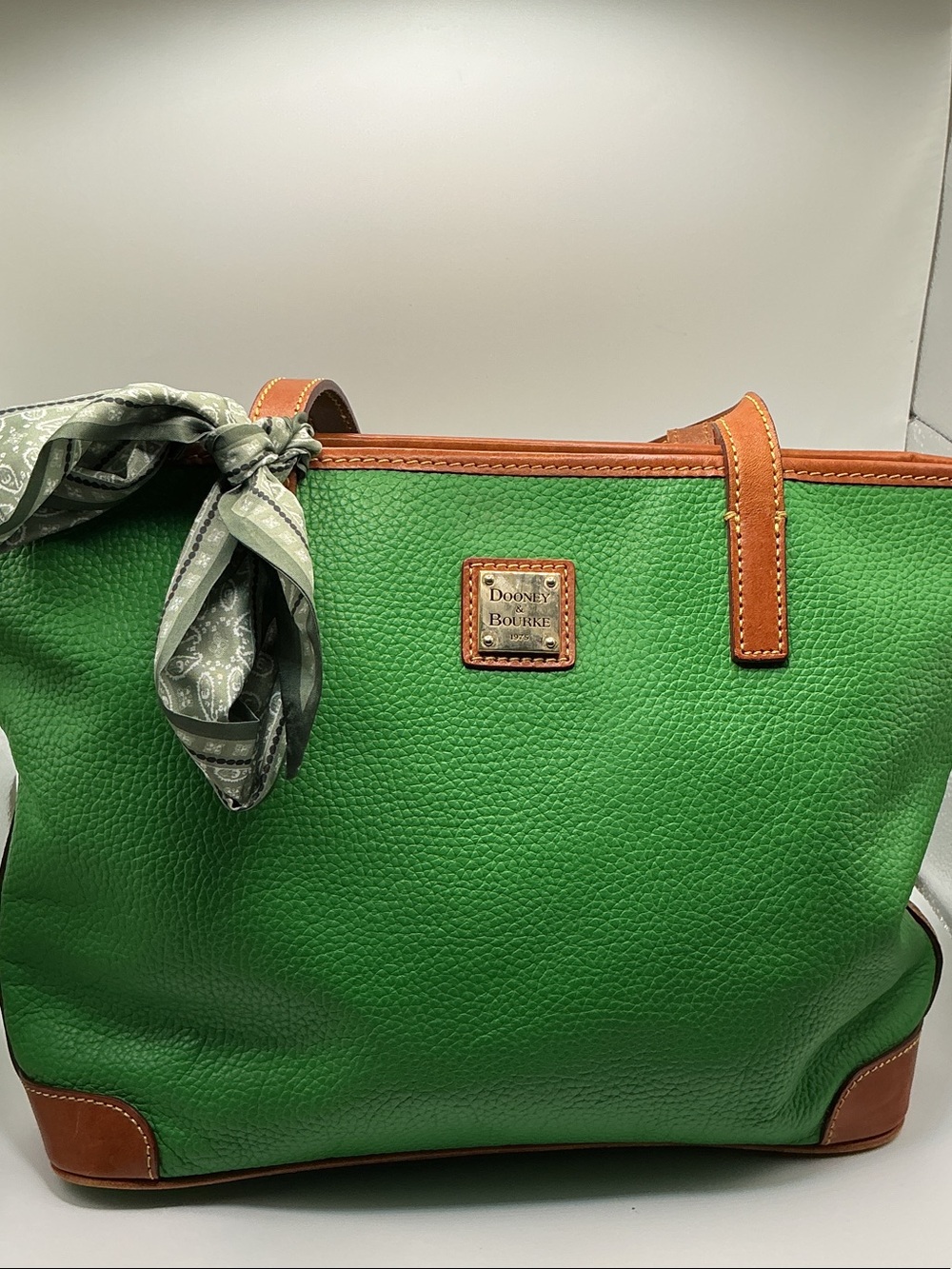 Dooney & Bourke Green Pebbled Leather Tote with Tan Trim and Scarf